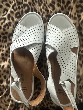 Clarks White Perforated Leather Slingback Sandals